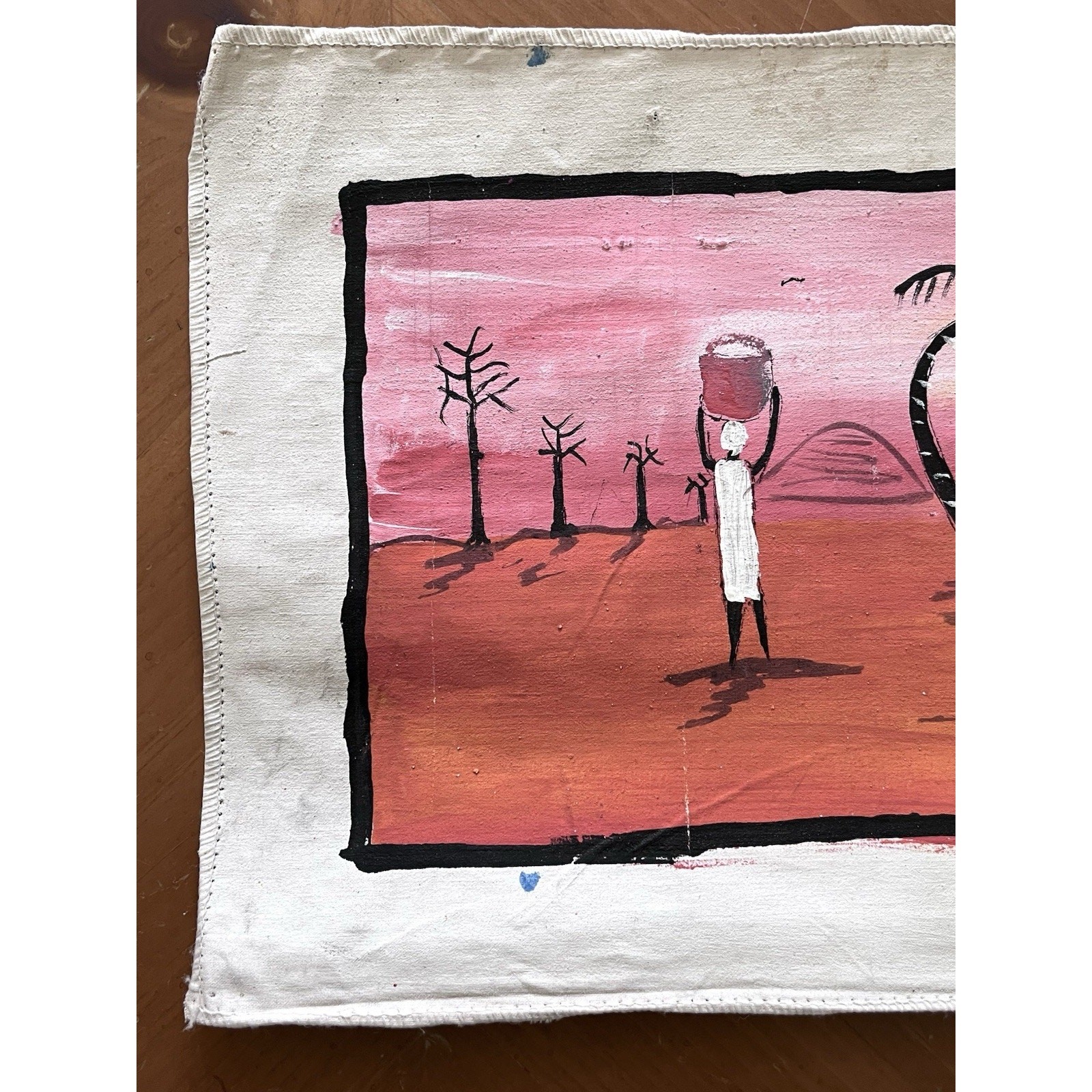 African Influenced Canvas Tapestry Tribal Artwork Sunset Stylized Figures Signed