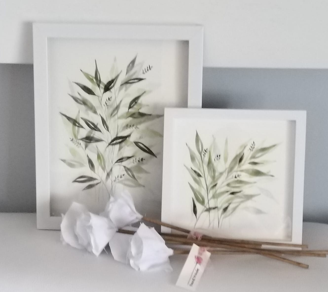 HOME DECOR original watercolor painting framed SET IN GREEN (9.5 x 12 in & 8×8).