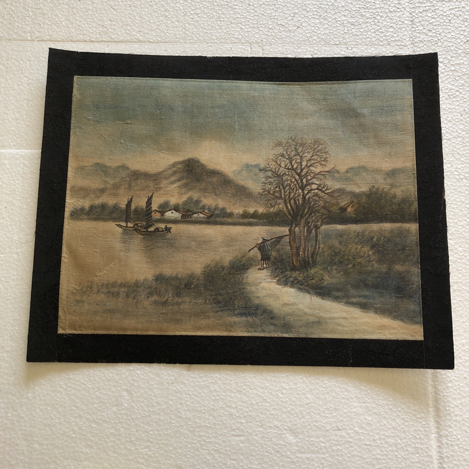 Japan Silk Landscape Painting with Fishermen 8 1/2″ x 10 1/2″ Unsigned