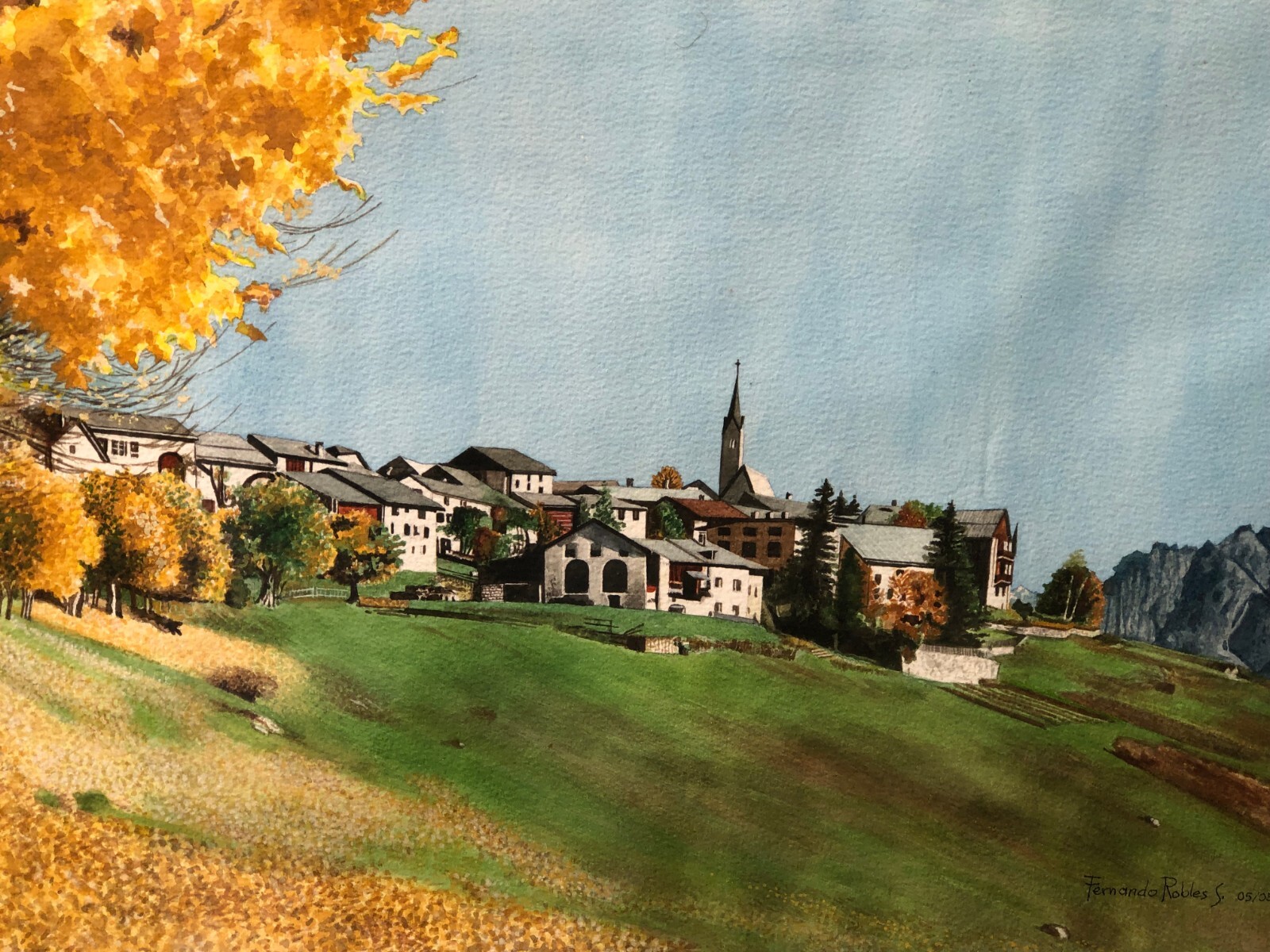 FERNANDO ROBLES Original SWISS ALPS LANDSCAPE WATERCOLOR LISTED MEXICAN ARTIST