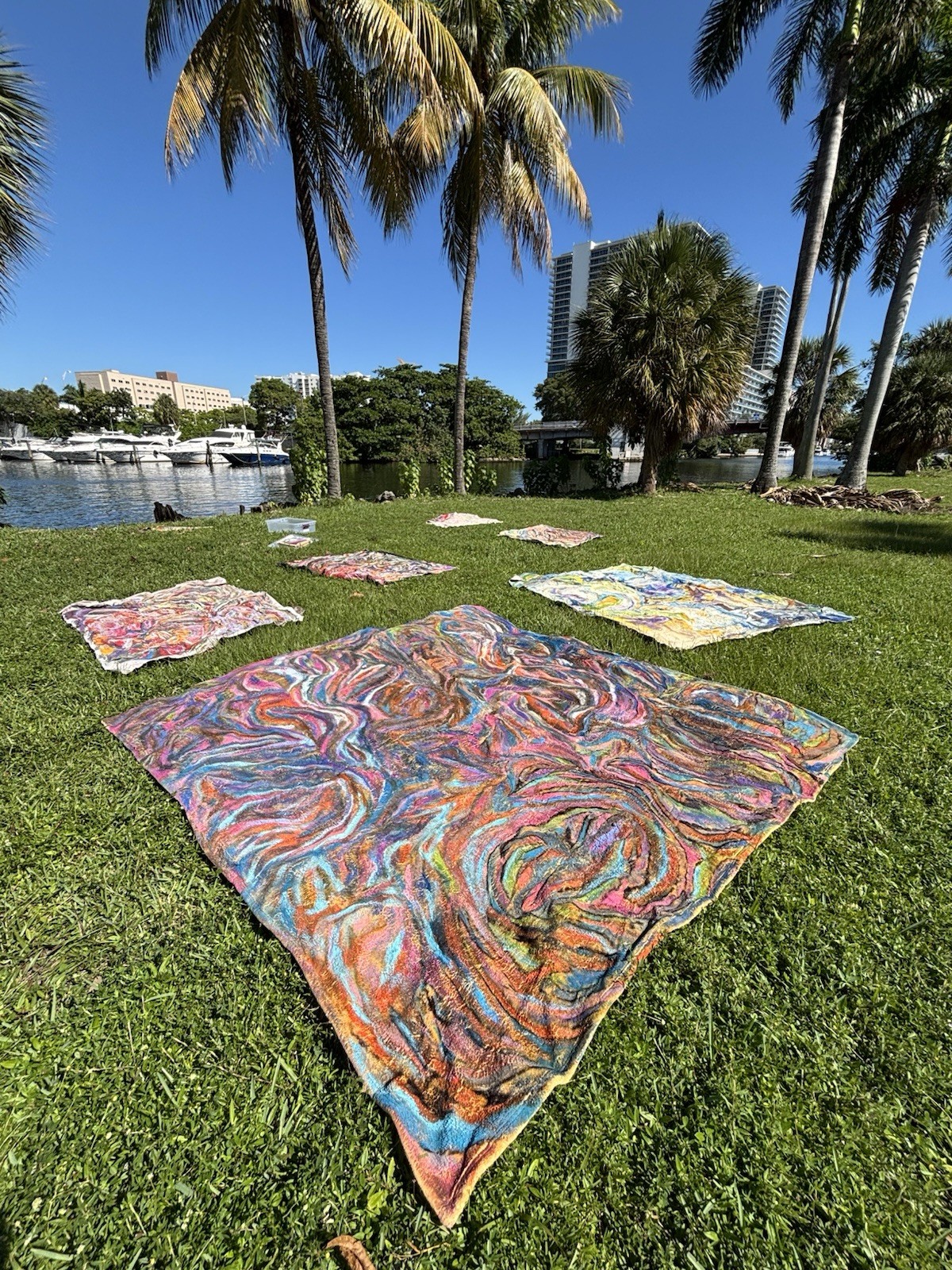 COLE MYERS “PORTABLE BLANKET” ACRYLIC PAINT ON BLANKET 10’ X 10’ MIAMI BEACH