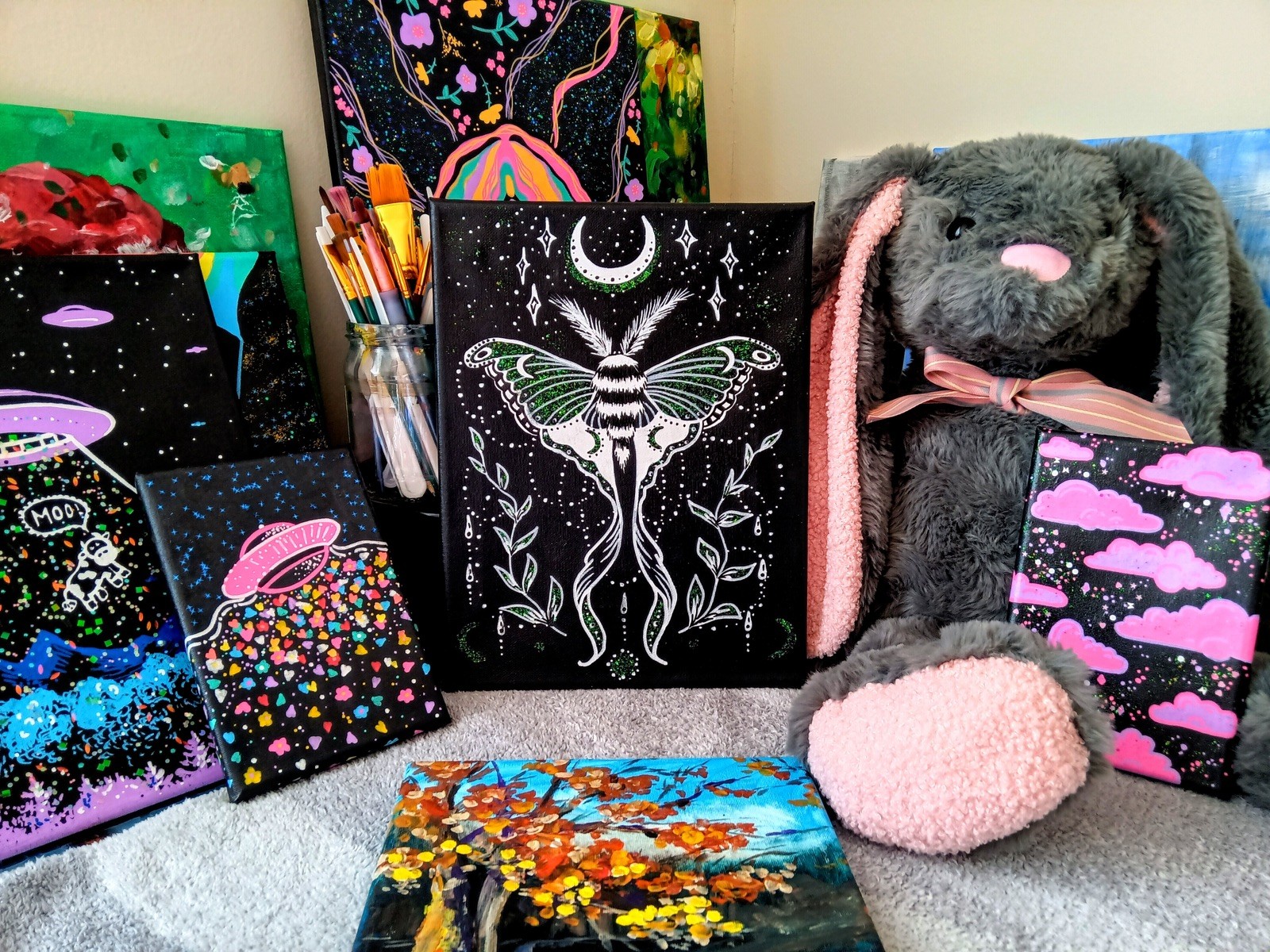 Luna Moth Painting, Witchy Gothic Wall Art, Occult Black Artwork, Original 9×12