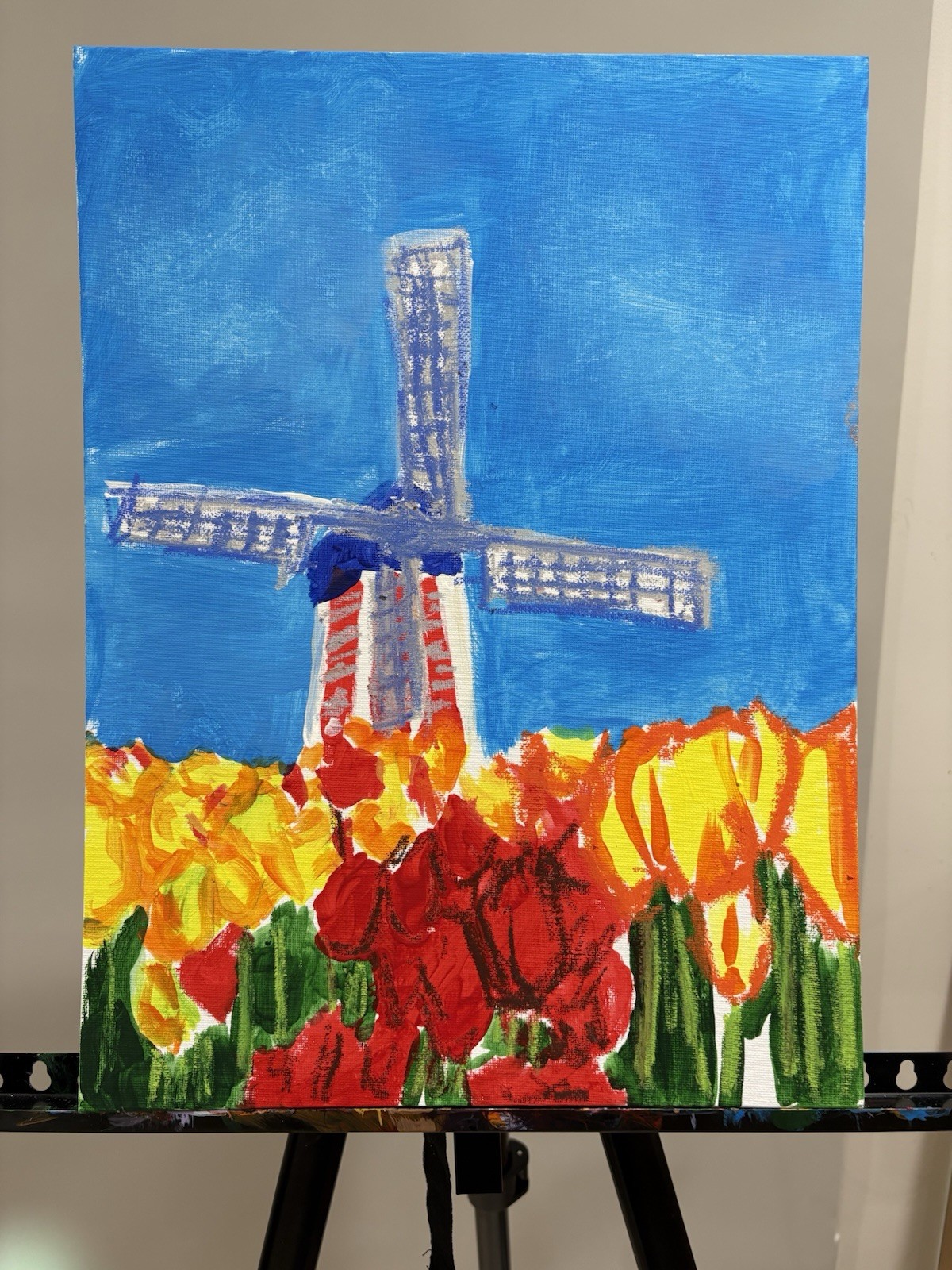 Windmill & Tulips 12×16 Canvas Abstract Colorful Landscape Original Art