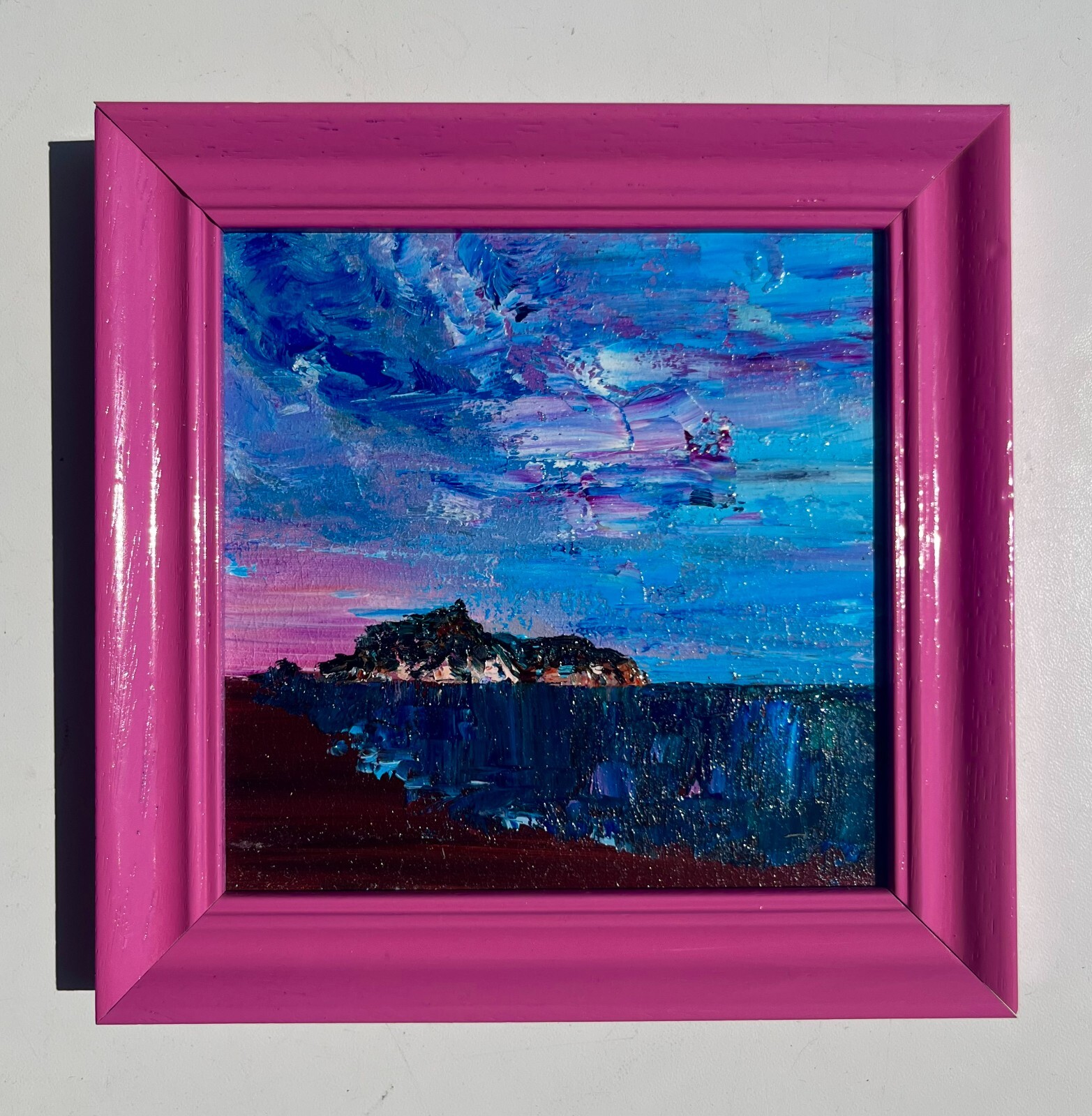 oil painting pink frame blue lilac sky ocean mountains coast bay sea marine lido
