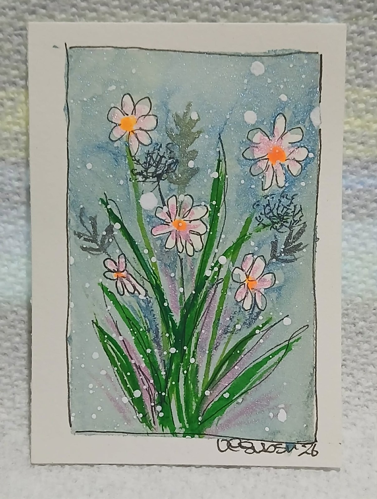 OOAK ACEO Pink & White Wildflowers • Watercolor Scribble Mini Art • Soft Blue