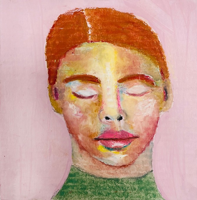 Original Woman Portrait Painting 8×8 Buddhist Meditating Artwork Pink Orange