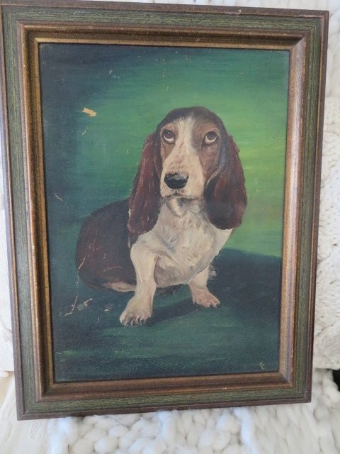 CUTEST Vintage DOG Portrait OIL PAINTING Basset Hound Green Background Framed