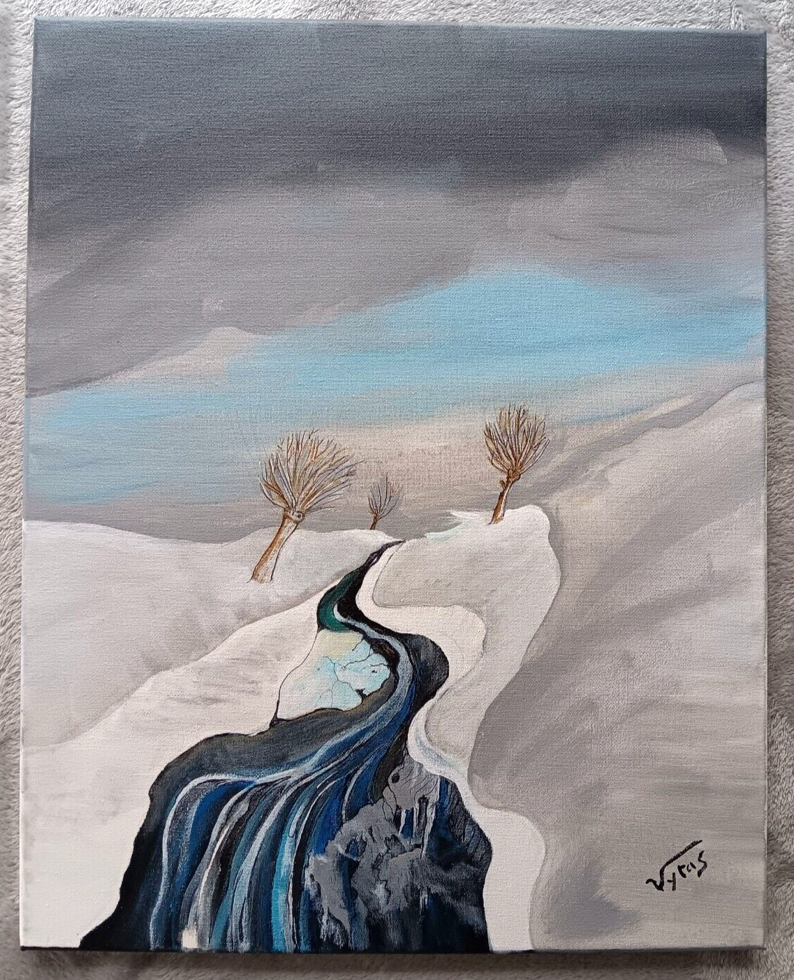Winter River Landscape Original Acrylic Painting Canvas Signed Vytas 20×16 in