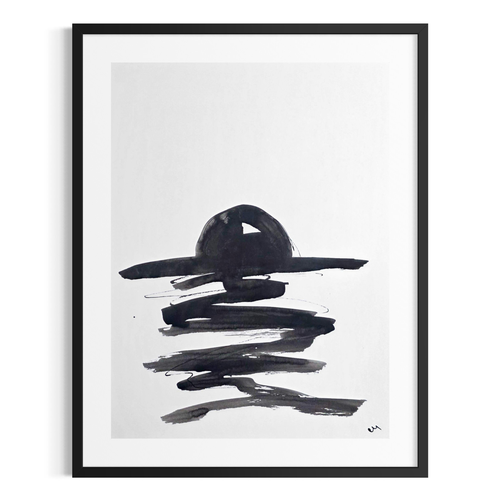 Original Minimalist 9×12 Seascape Acrylic Painting Paper Signed Black White