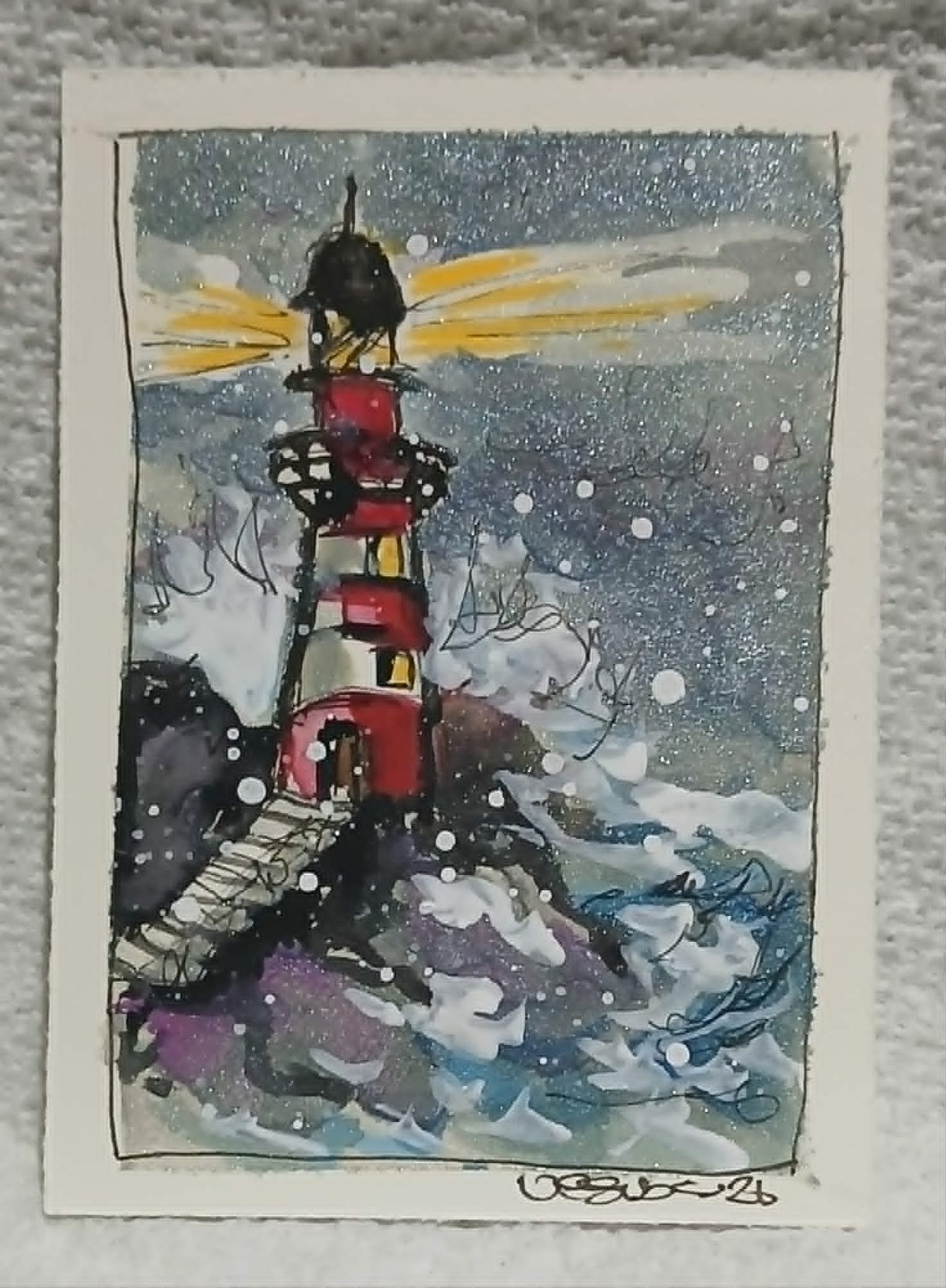 Lighthouse at Sea OOAK ACEO Loose Watercolor Scribble Art by VCGibson
