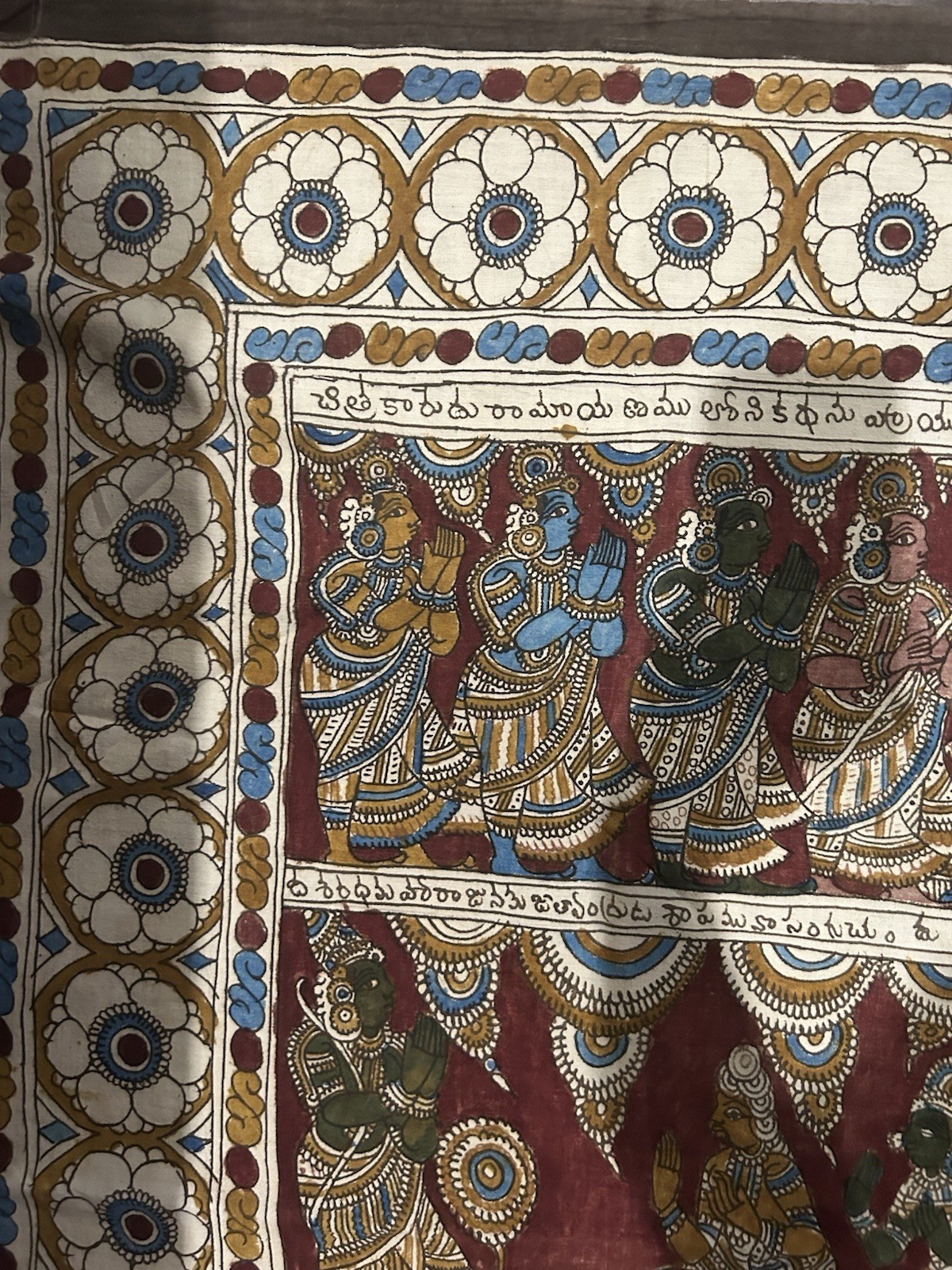Vtg Indian Kalamkari Textile Fabric Cotton Hand painted Indu Mythology 108”x89”