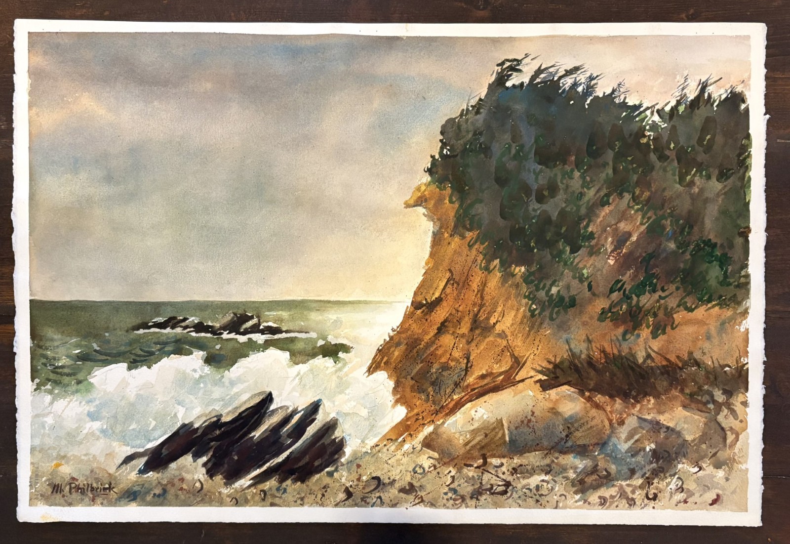 Original Coastal Cliff Watercolor, by Margaret Philbrick – Signed, Vintage
