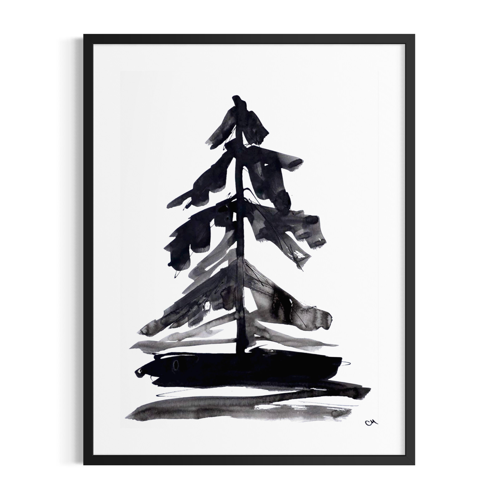 Original Abstract 9×12 Pine Tree Painting Black White Minimalist Acrylic Paper