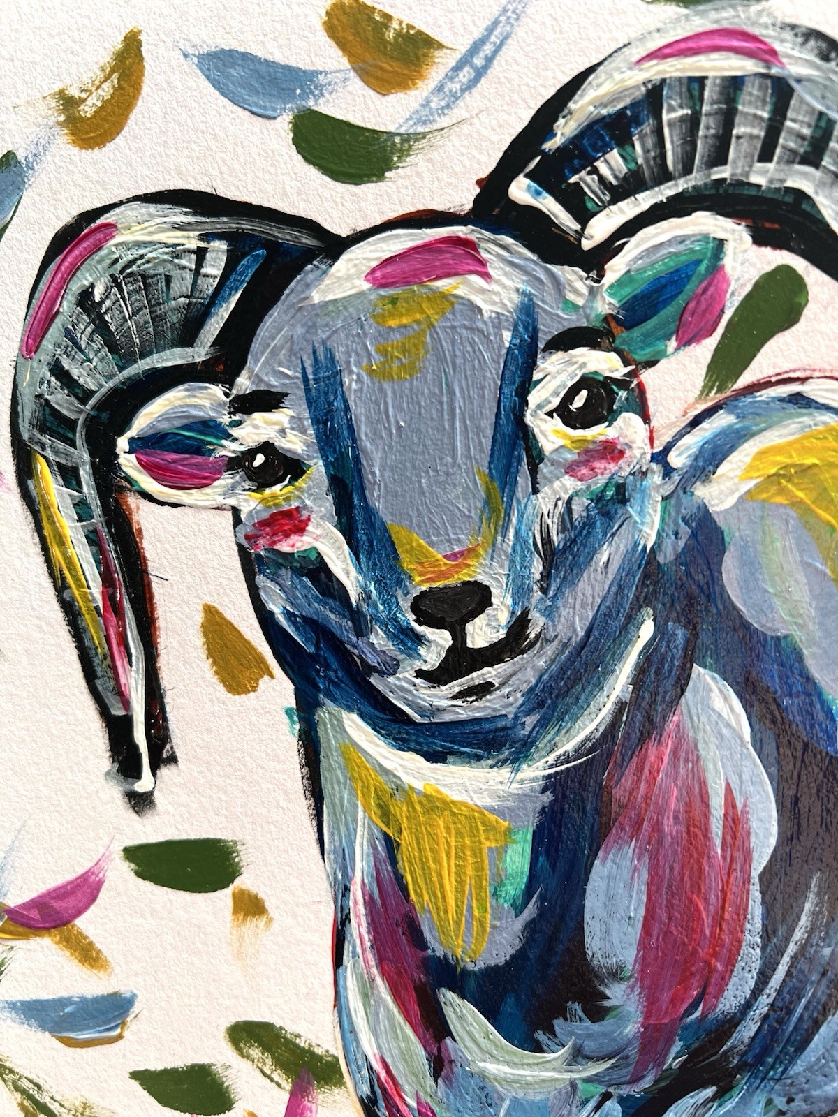 Original 11×13” Expressionist Colorful Confetti Goat VLP Acrylic on Art Paper