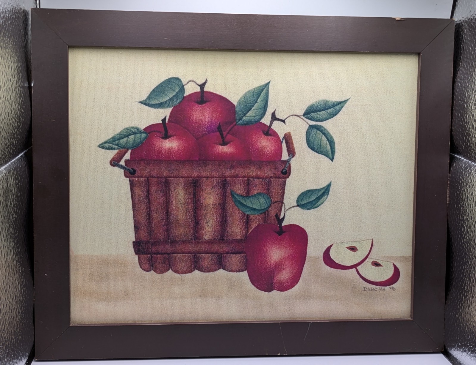 Vtg Theorem Painting Signed DEBORAH 96′ Apples In Basket Framed 9.5″x11.5″ VGC