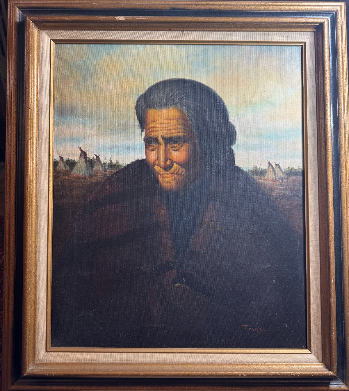 Large Trudy Signed Native American Woman Portrait Oil Painting Framed Vintage