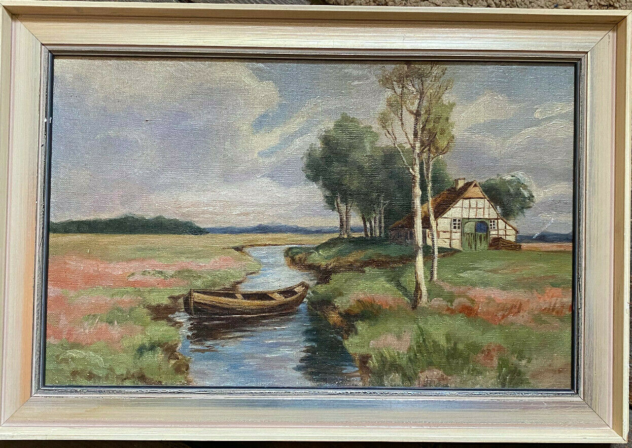 Oil Painting River in Field Landscape with House Manor Farm Cottage Style