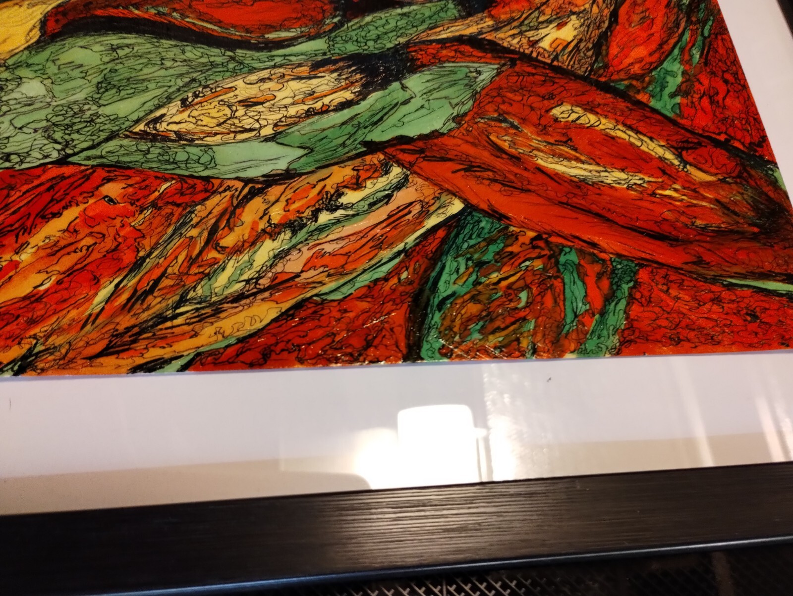 Framed Original Signed Acrylic Modern Painting Heavy Paper Bold Floral Red Green