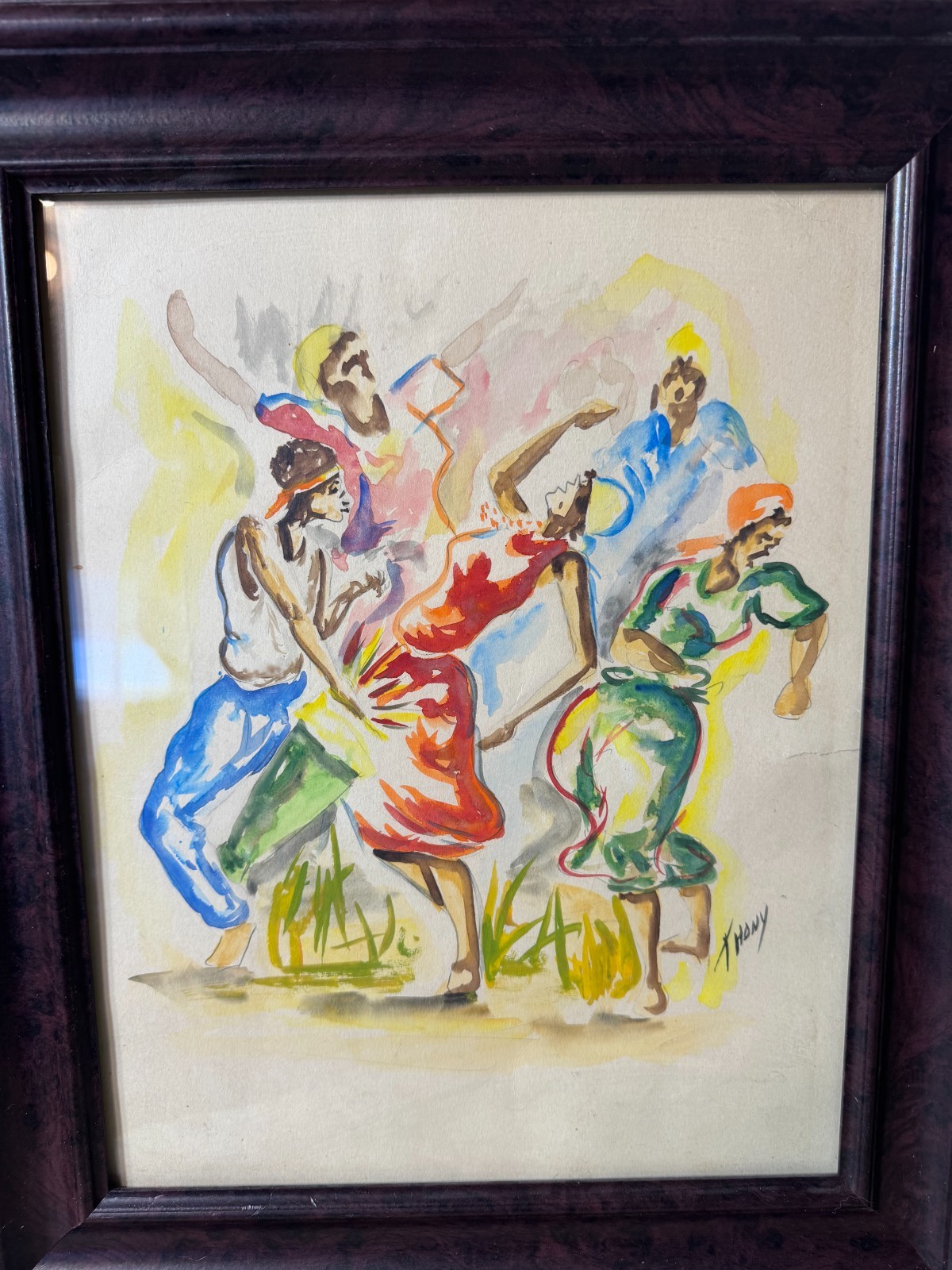Vintage T Hony «Figures Dancing Scene» Watercolor Painting – Signed And Framed