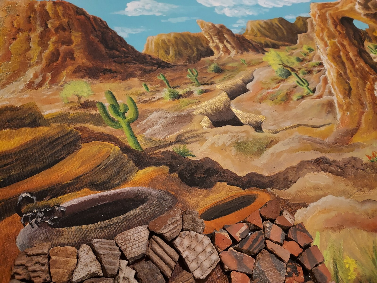 Arizona Desert with Genuine Anasazi Pottery Painting 20in. X 16in.