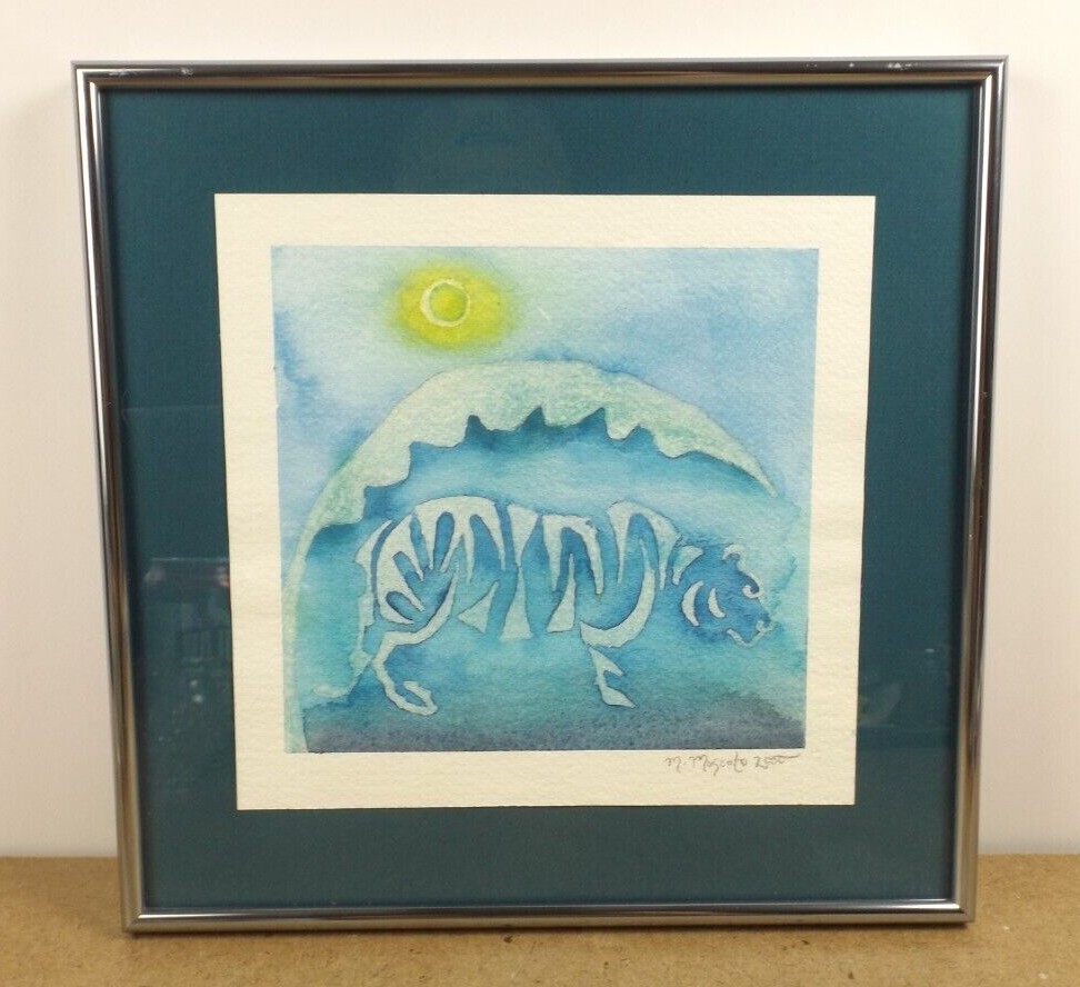 2000 M. Moscato Original Watercolor Painting Blue Tiger Framed
