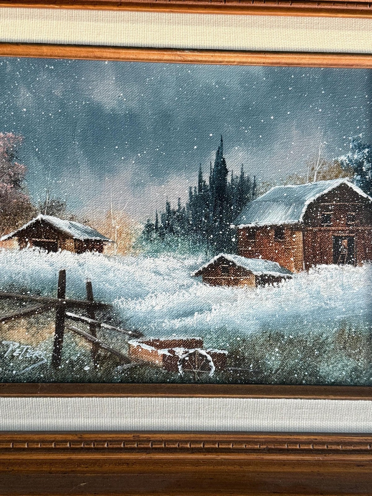 Vintage Original Signed Framed Winter Farm Landscape Oil Painting on Canvas