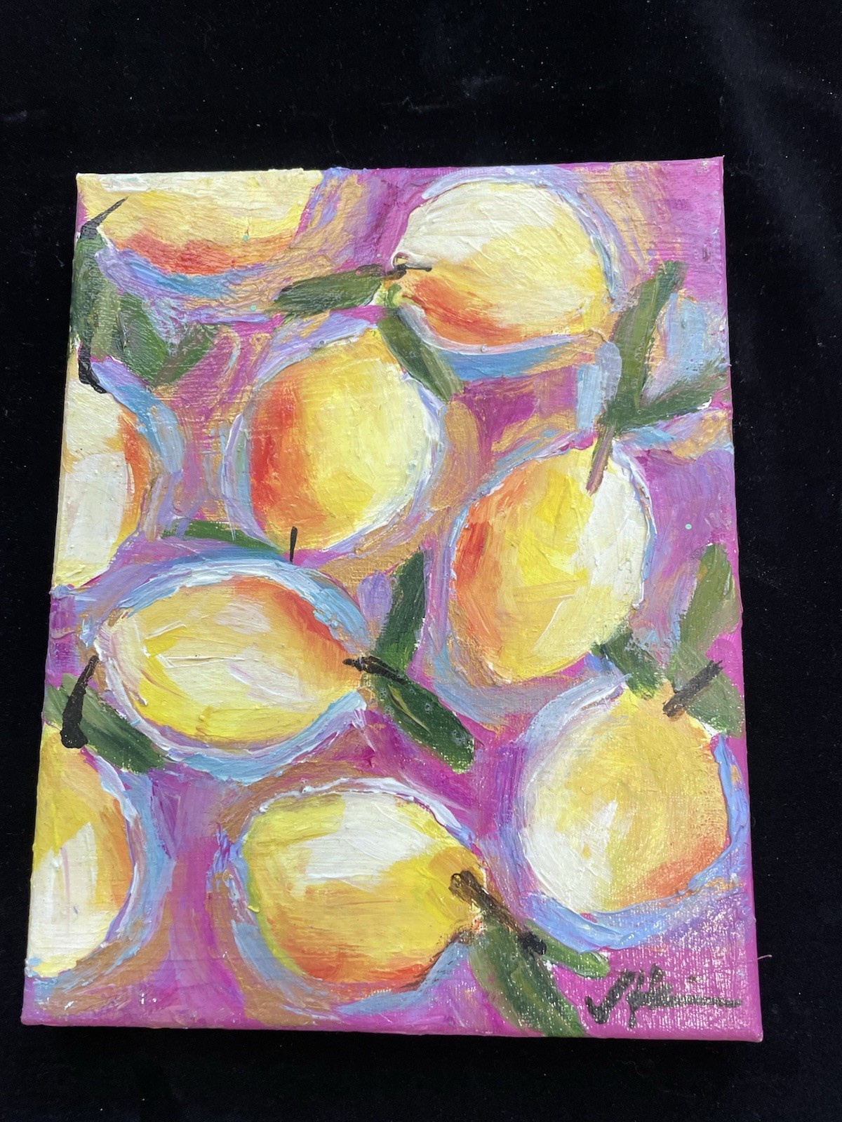 “Meyer’s Lemons on Brilliant Pink”An Acrylic Original Painting 10”x8” on Canvas