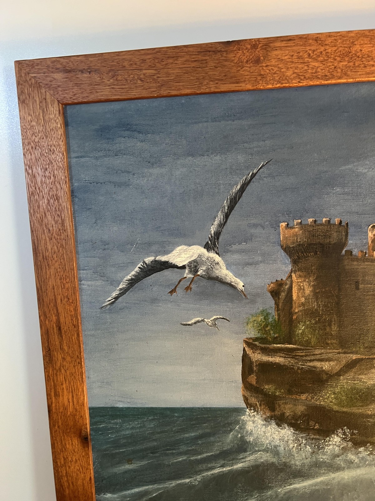 Seagulls Castle Cliff Seascape Framed Original Oil Painting Ken Mazzocchi 27×21