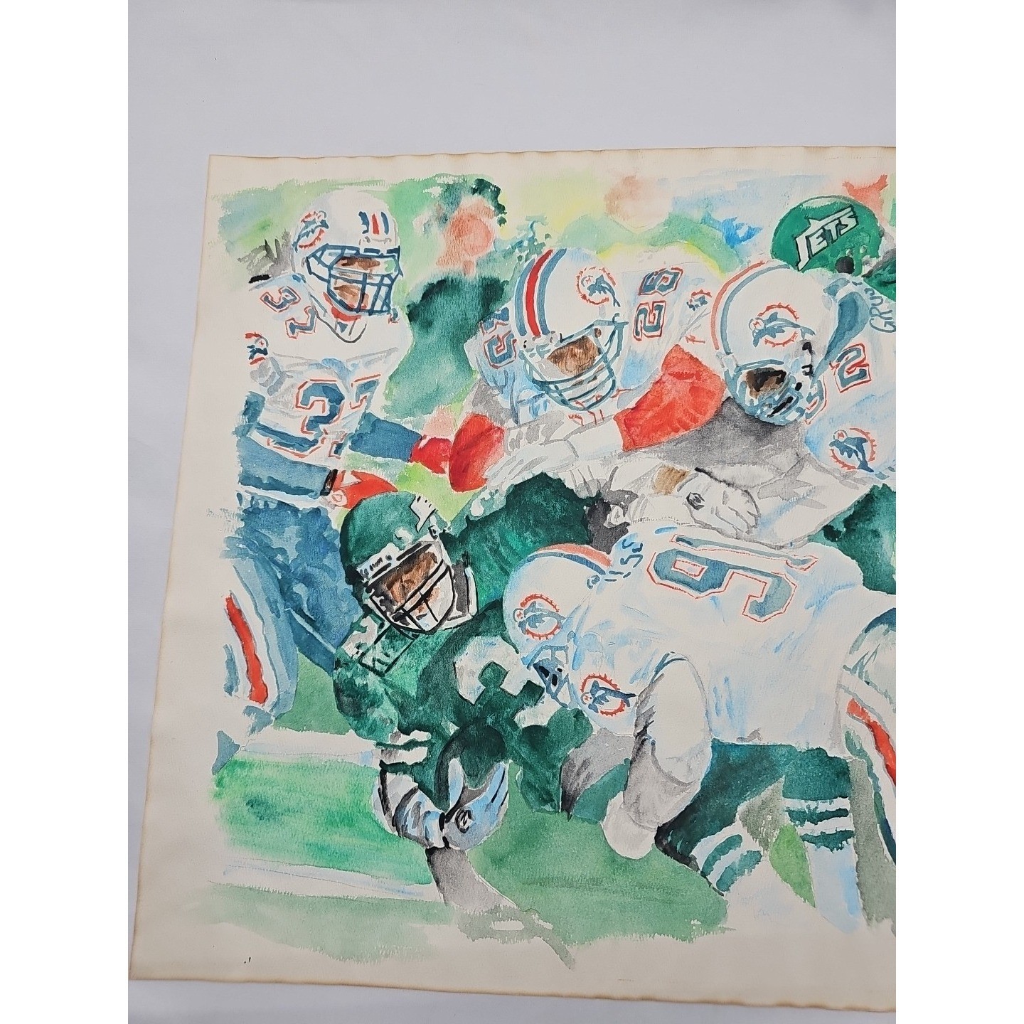 1992 Miami Dolphins NY Jets Signed Watercolor NFL Sports Art 18×23