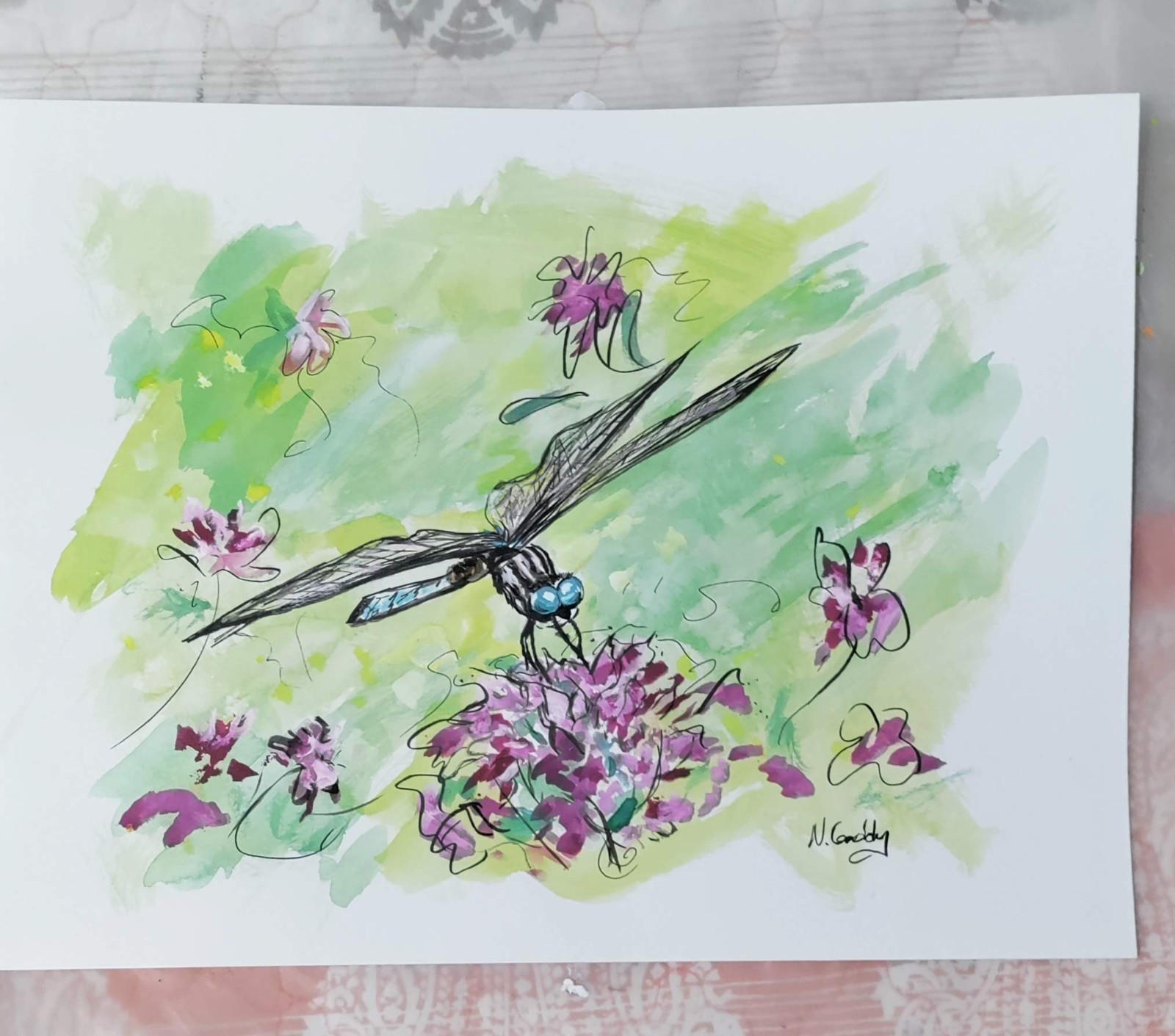 Original 9″x 12″ Abstract Expressive Dragonfly Acrylic Ink On PAPER Art