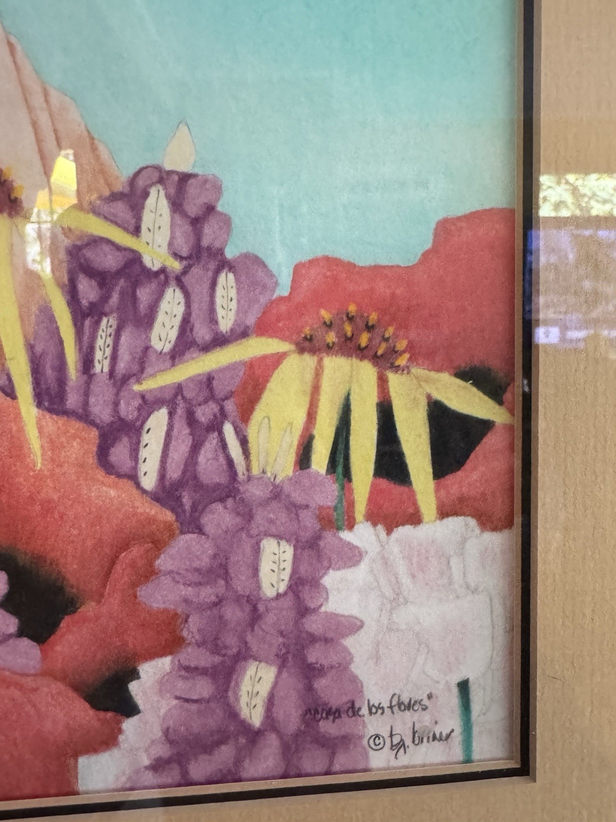 BJ Briner – Taos Artist – Casa de Los Flores – Framed Oil Pencil Paper Painting