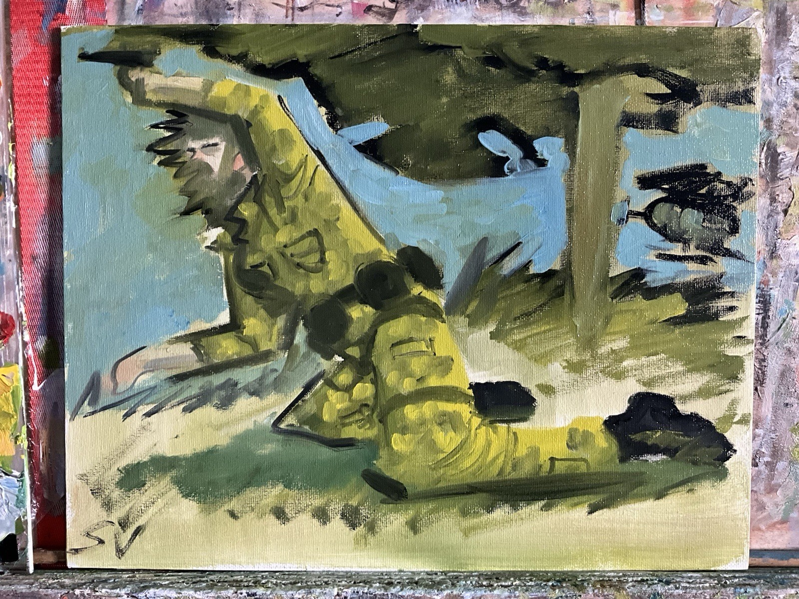 French Realism military 14×11 Original Oil Painting On Panel Metal Gear War Gree