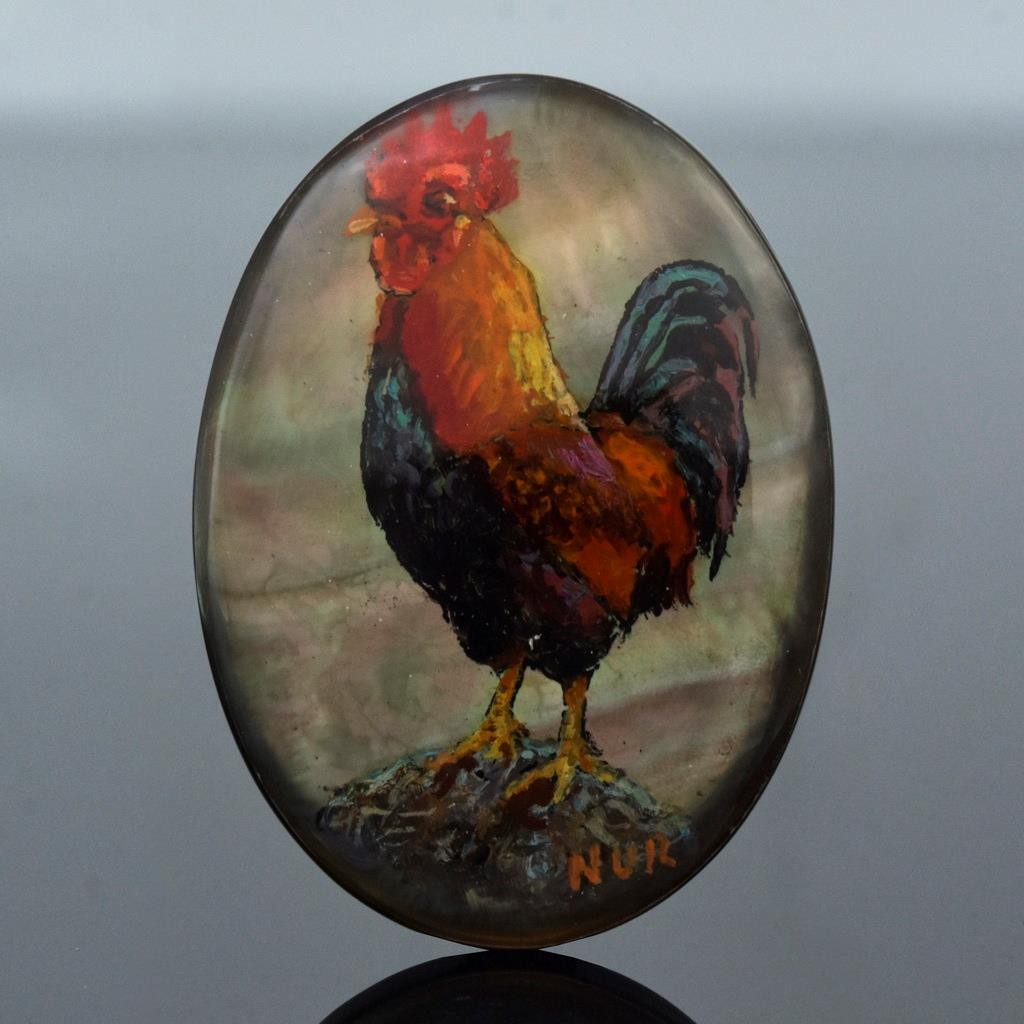 Rooster Original Artisan Painted Mother-of-Pearl Shell Oval Cabochon 35x26mm