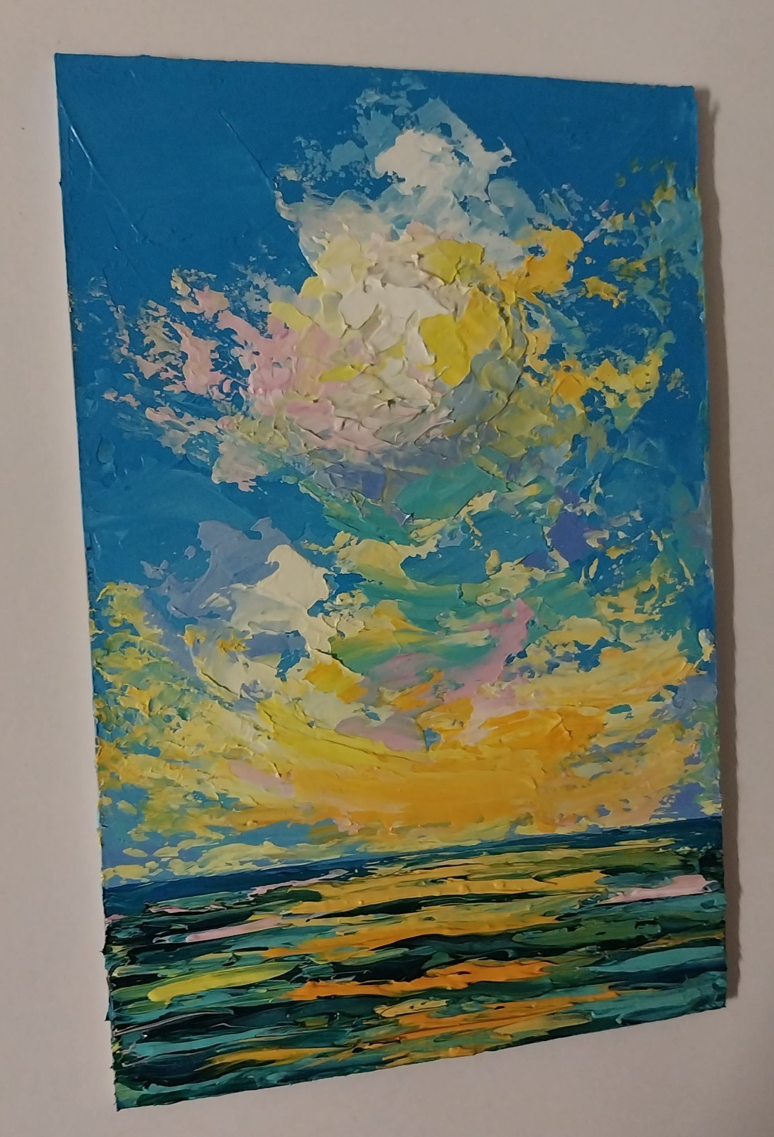 Framed Mini Seascape Golden Sunset Clouds Evening Sea 4×6” Original Oil Painting