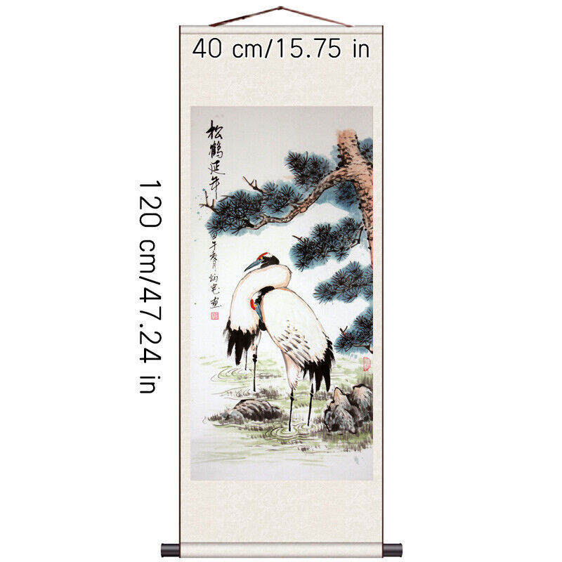 1PC Asian Silk Scroll Painting Crane Feng Shui Wall Hanging Artwork Framed