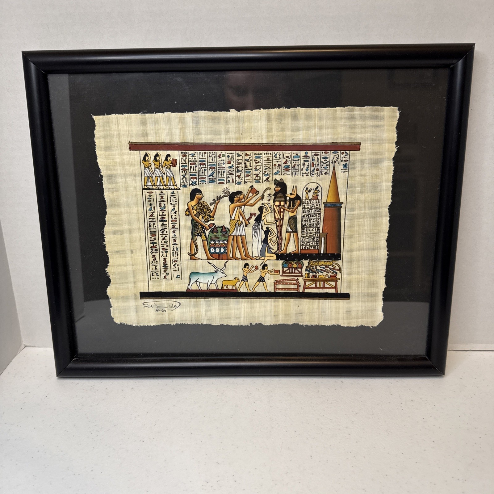 Vintage Hand Painted Egyptian Art on Papyrus Paper Custom Framed and Signed🔥👀