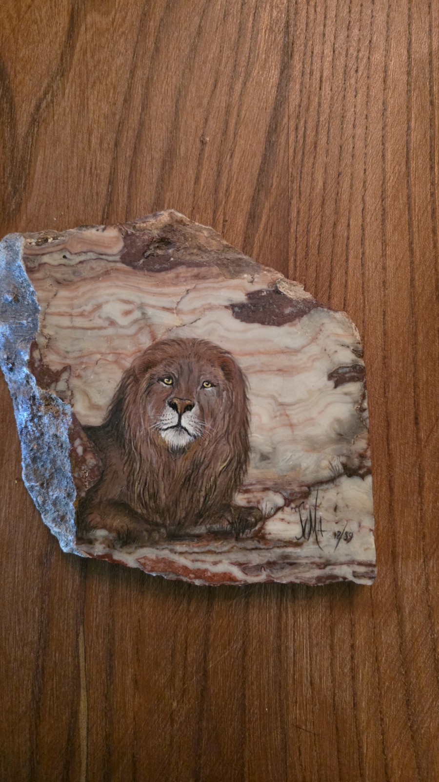 Hand Painted Lion On Natural Stone Rock Signed & Numbered Limited Edition Art