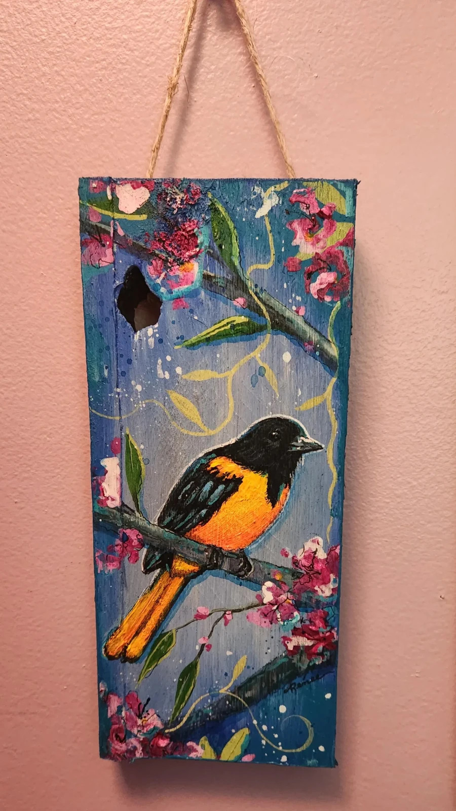 Oriole bird painting on rustic wood art by Renee L. Lavoie