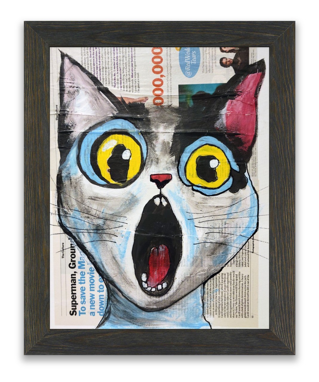Original Screaming Cat Art Newspaper Painting «Michelle Lord» Mixed Media 12×16