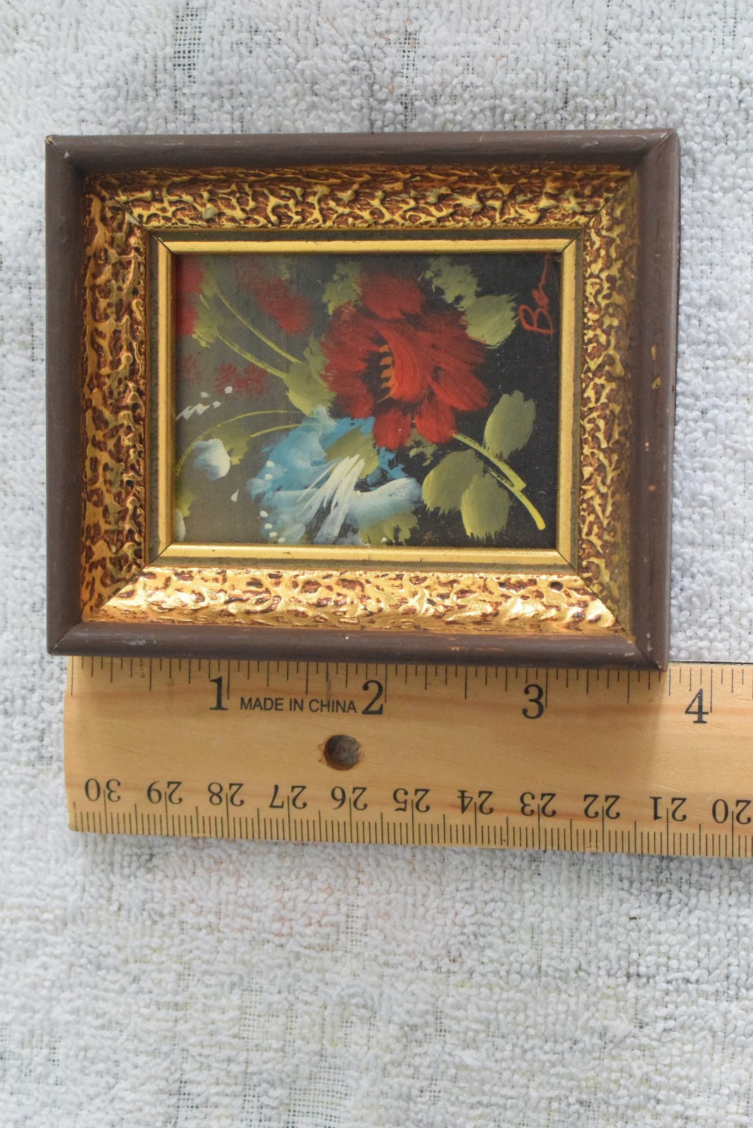 4 VTG Verilyn Gallery Signed Art, Hand-Painted Flowers Gold Frames 3×3.75, SPAIN