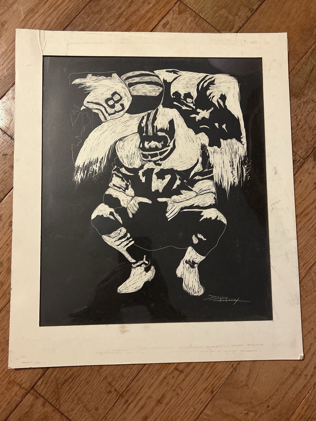 Original Vintage Scratchboard Football Art Folk Art Sports Illustration