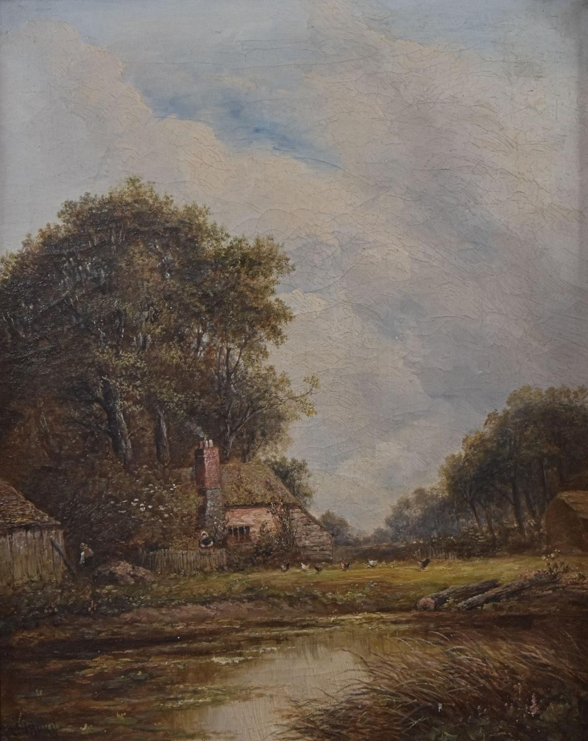 Joseph Thors Rustic landscape with Figures By a Cottage Oil Painting c1890