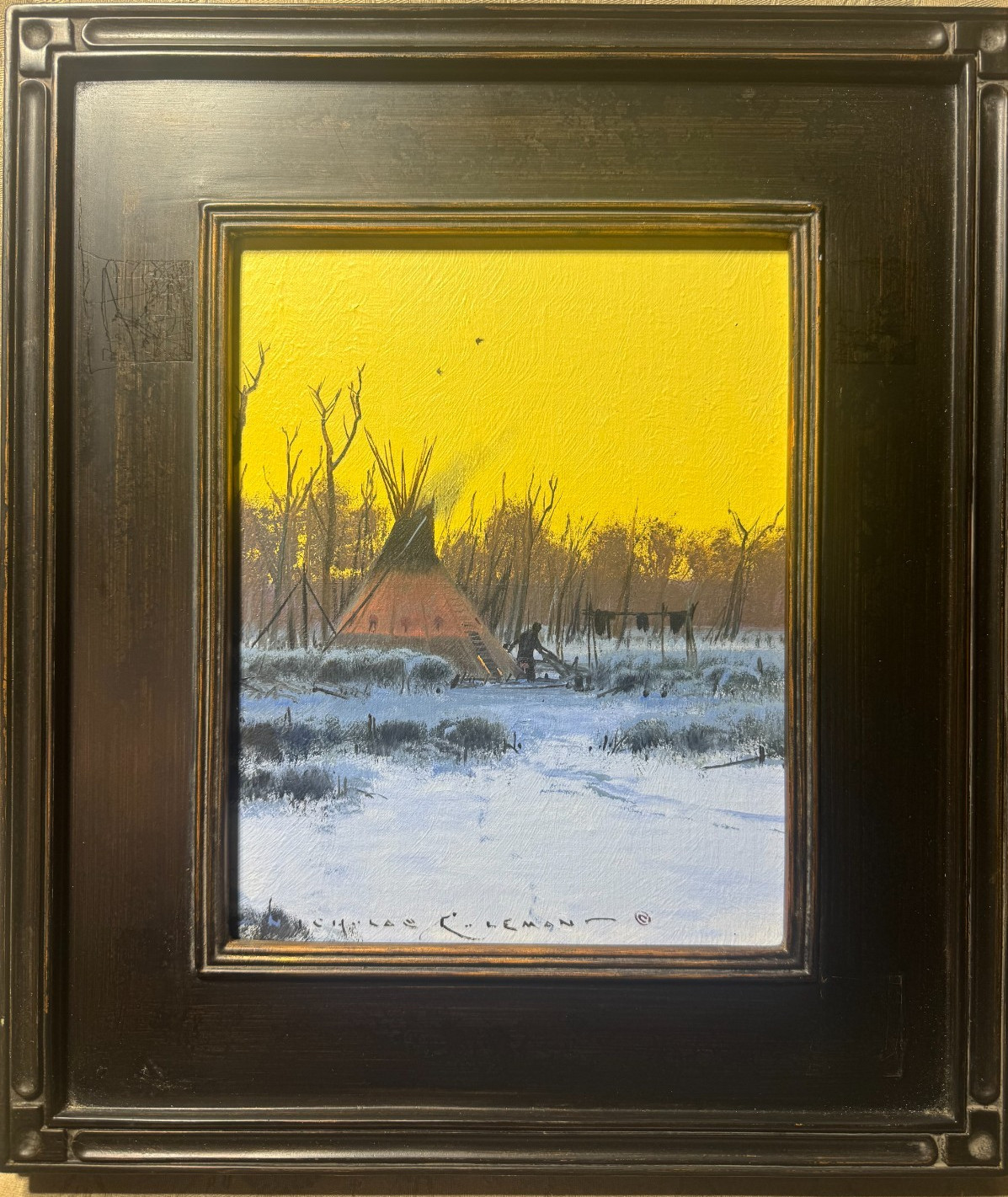 Superb Nicholas Coleman (b.1978) Signed Oil on Board «Winter Camp Scene» Western