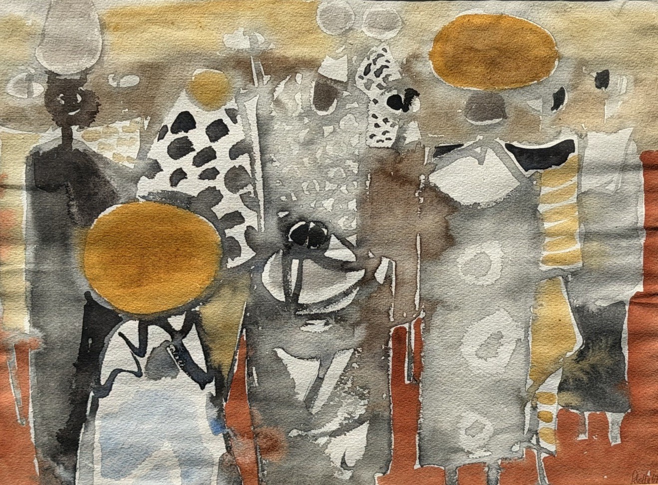 Illegibly Signed 1967 Figural Abstract Expressionist Watercolor Painting
