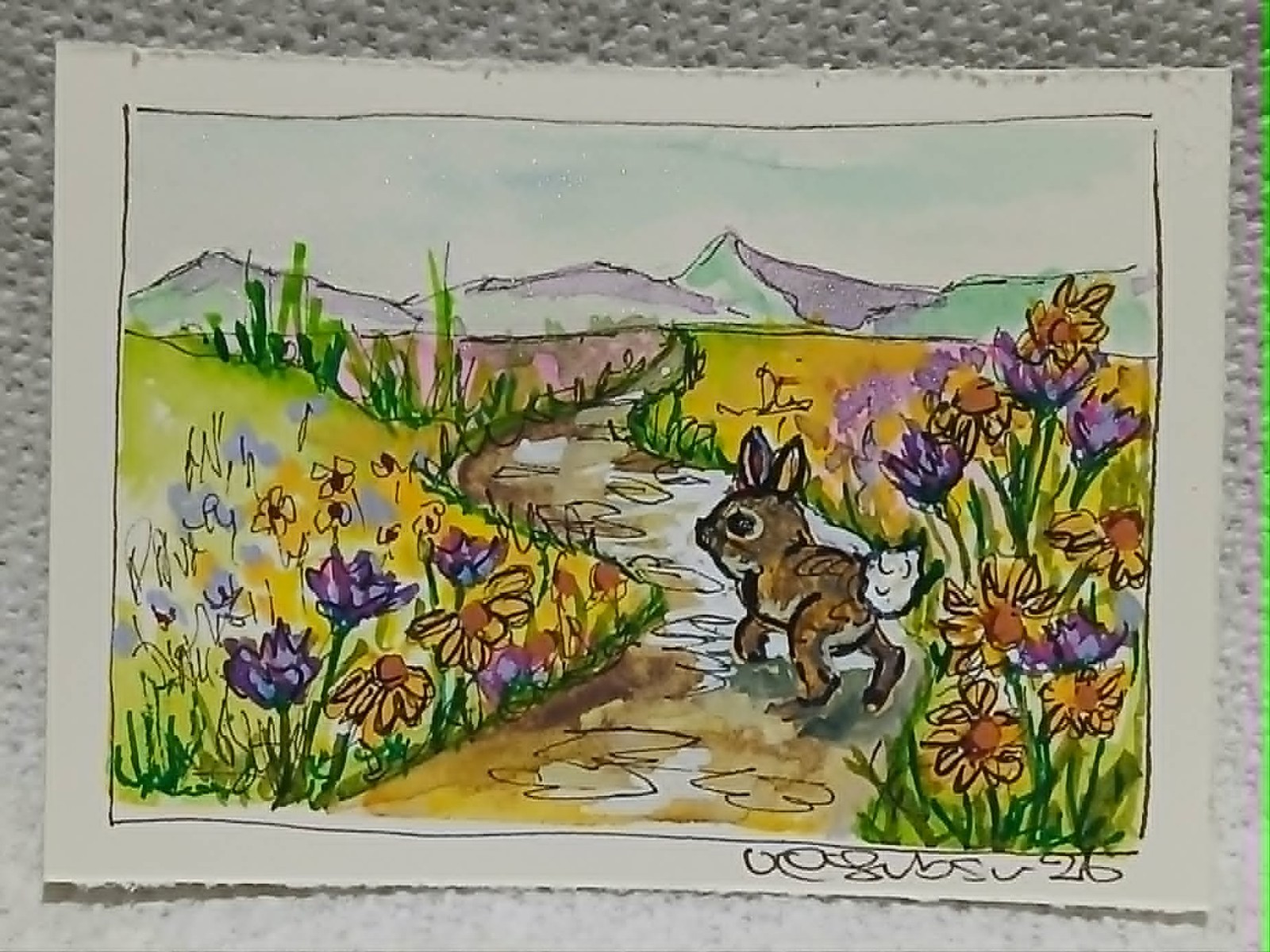 Dimples the Rabbit in English Meadow – Cornflowers & Daisies ACEO OOAK Art