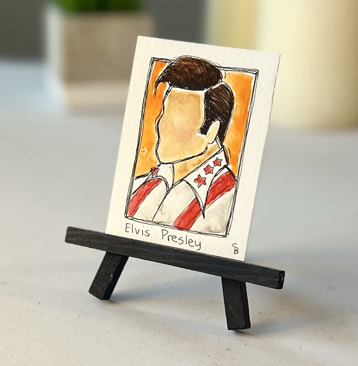 ACEO Original miniature painting Elvis Presley Signed Shara Braithwaite 2.5×3.5