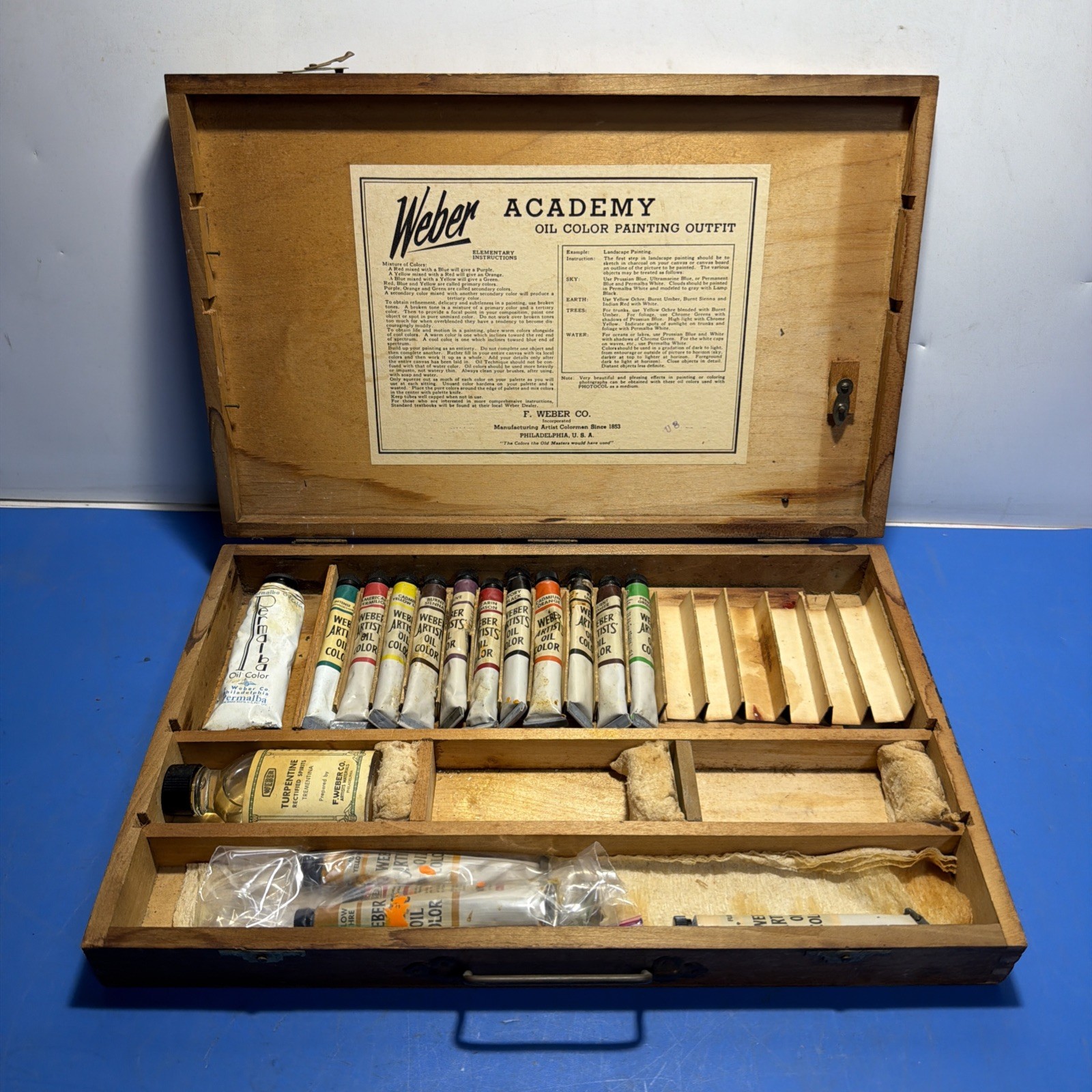 Vintage Weber Academy Oil Color Painting Outfit Wood Box Set 16 Tubes. Read