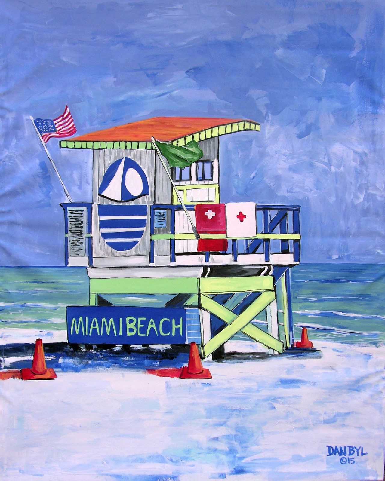 BEACH Life Guard Tower PAINTING Original DAN BYL Art Deco Ocean Canvas Huge 4×5′