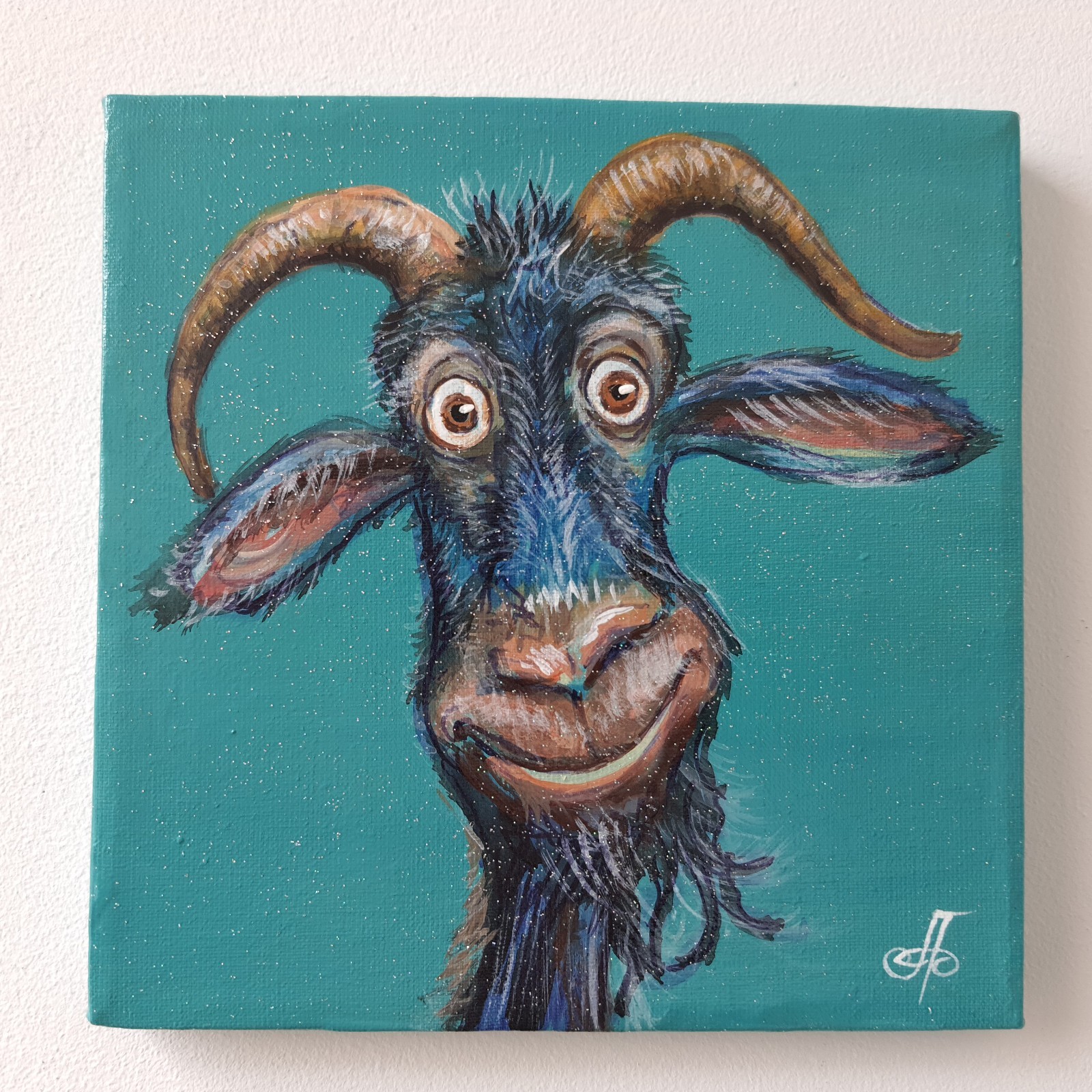 Original Acrylic Painting Funny Blue Goat Horns Smirk Small Hand Painted Canvas