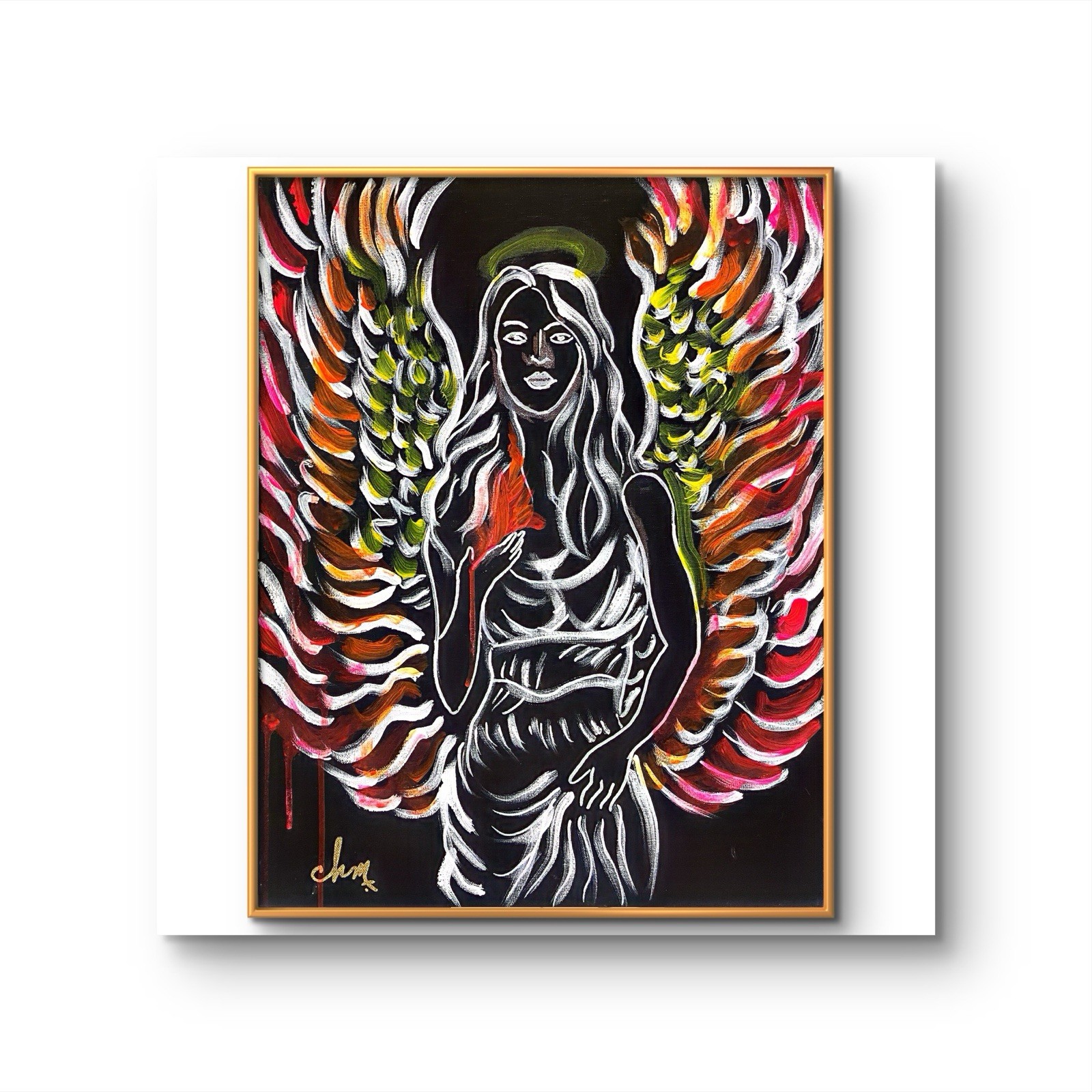 16 X 20 “Guardian Angel” Expressionism Colorful Abstract Art On Black Canvas